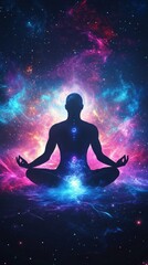 A person is meditating in a colorful, starry sky