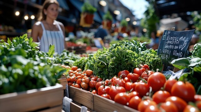An outdoor village market displaying abundant, neatly organized produce, including ripe tomatoes, with people shopping in a warm communal setting.