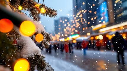 Obraz premium A vibrant city street captures the festive spirit with snow-covered sidewalks and glowing holiday lights, offering warmth and cheer in a wintry urban setting.