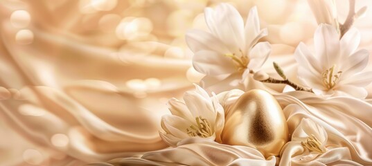 Fototapeta premium Elegant Easter Banner with Golden Egg and Silk Background for Luxurious Card Design