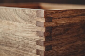 woodwork concept. A close-up of dovetail joints in a handmade dresser drawer, showcasing craftsmanship and long-lasting strength