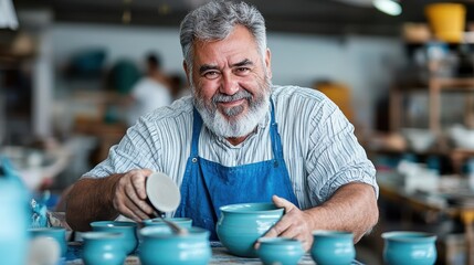 A joyful potter creates a blue ceramic piece at a pottery studio, smiling as he skillfully molds the shape, surrounded by various completed pottery items.