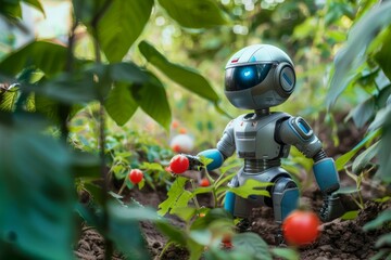 A robot stands amidst vibrant flowers in a lush garden, showcasing a blend of technology and nature. A robot peacefully tending to a garden.