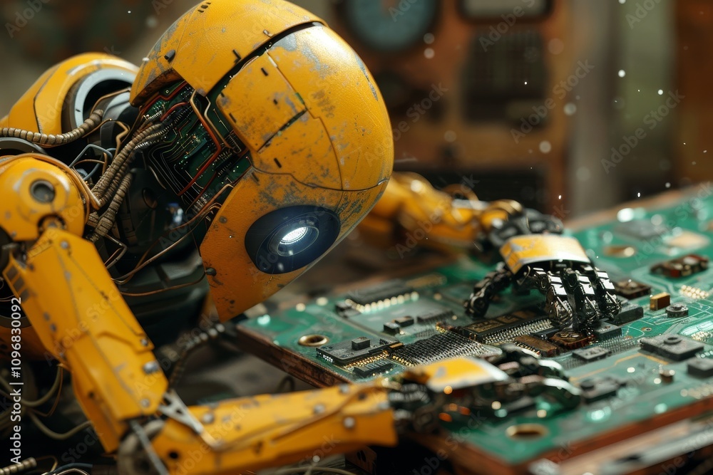 Poster a robot repairing its own circuits . a robot meticulously assembling components on a computer circui