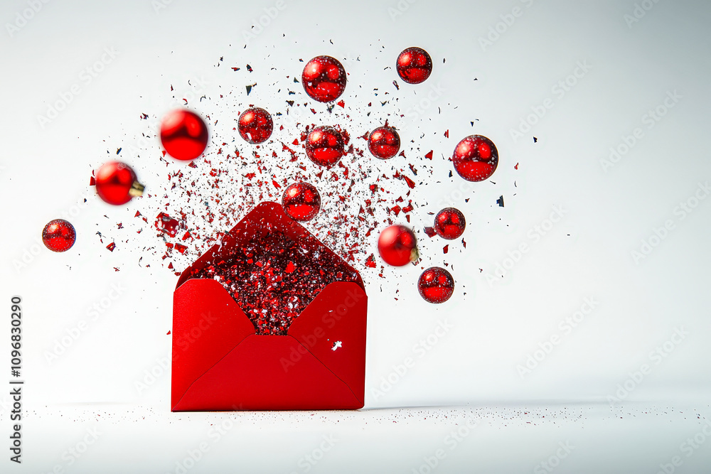 Poster a vibrant red envelope explodes to reveal shining red ornaments and shimmering confetti, celebrating