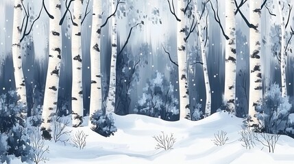 Serene winter birch forest scene with snow.