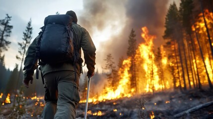 Naklejka premium A lone hiker carrying a backpack walks away from a fierce wildfire rapidly consuming the forest, depicting resilience and the constant battle against natural forces.