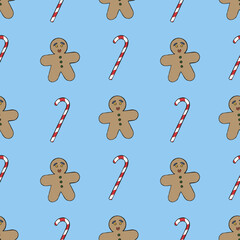 Gingerbread and candy cane pattern with blue background