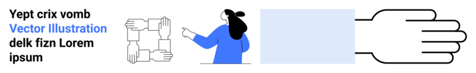 Hands forming a square, person in blue shirt pointing at blue block, text elements. Ideal for teamwork, collaboration, presentations, websites, education, social media, marketing. Banner for landing