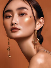 Stylish close-up portrait of an elegant woman with glowing skin and statement gold jewelry against a warm-toned background.