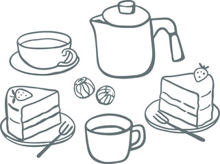 Hand drawn teapot, cups and cake. Sketch style simple drink and food illustration
