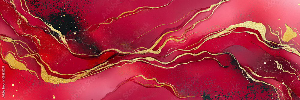 Poster Abstract red and gold artwork with flowing lines and textures, creating a vibrant and dynamic visual experience