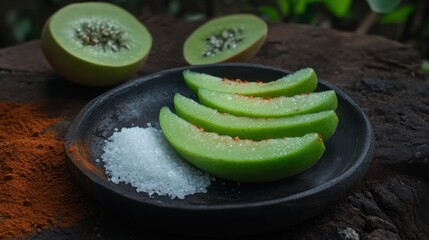 Guava Slices with Chili Powder and Salt in Tropical Setting