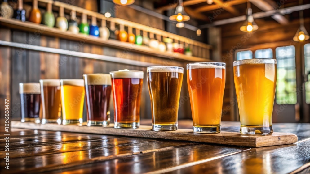 Aufkleber a flight of beer glasses, each with a different color and depth of brew, sits on a wooden board in a
