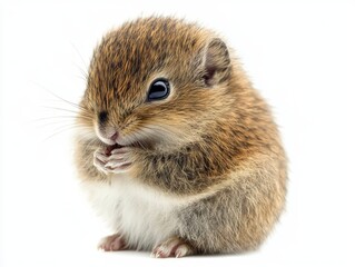 Fluffy small animal sitting, eating with tiny paws, isolated on white