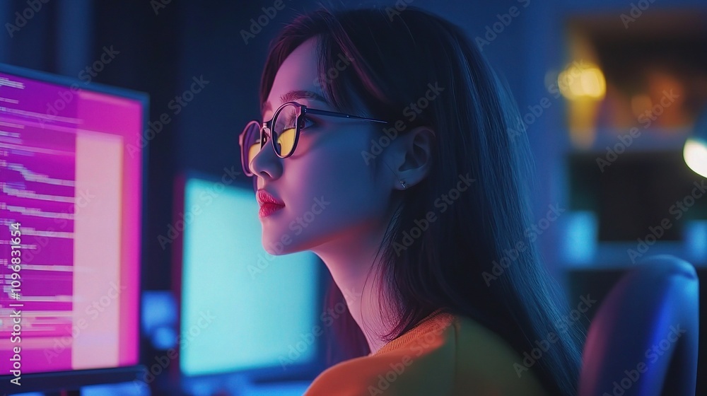 Aufkleber young asian woman developer in a modern workspace engaged in programming with vibrant computer scree