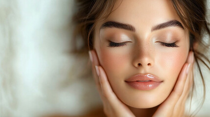 Naklejka premium beautiful and serene woman enjoying a facial massage, her relaxed expression reflecting the rejuvenating power of self-care and relaxation in a tranquil spa setting for ultimate wellness and beauty