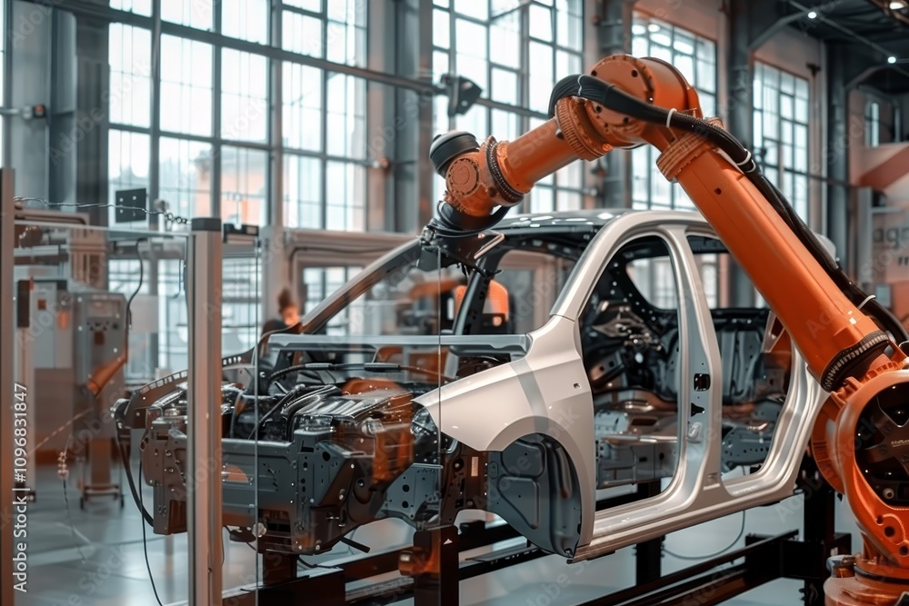 Poster a modern automotive assembly line showcasing advanced automation technology in vehicle production. a