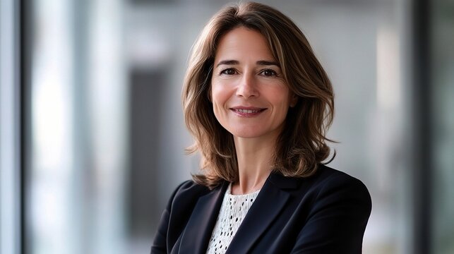 Portrait of a confident senior businesswoman showcasing a warm smile, embodying professionalism and approachability in a modern office setting.
