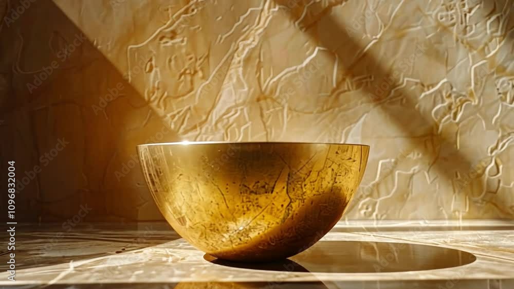 Poster a golden bowl sits elegantly on a polished marble surface, illuminated by warm light that highlights
