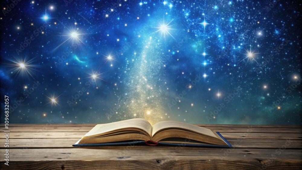 Aufkleber an open book on a wooden table with a bright light emanating from its pages, a starry sky with twink