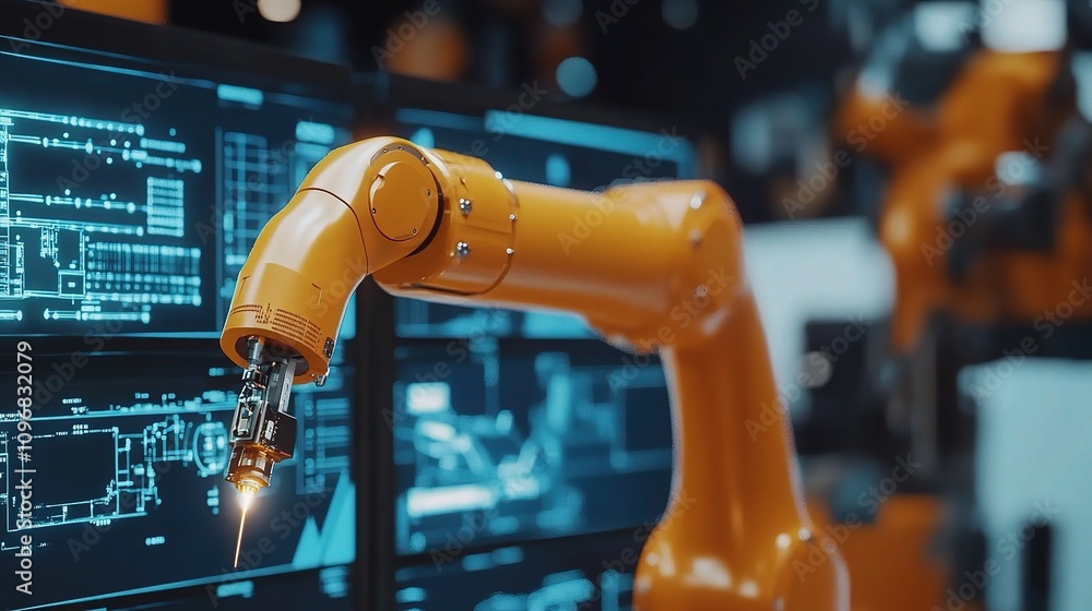 Poster advanced robotic arm system in control room for seamless welding operations with high-tech interface