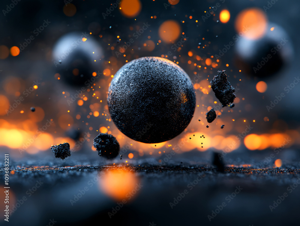 Aufkleber abstract composition of floating spheres with glowing particles and dynamic sparks in dark setting