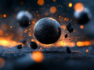 Abstract composition of floating spheres with glowing particles and dynamic sparks in dark setting