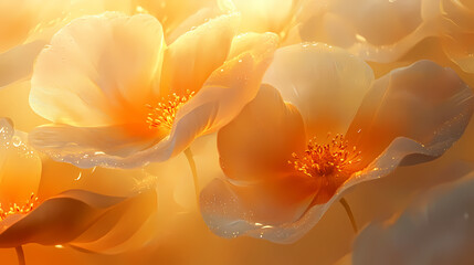 Obraz premium Dew-kissed petals glowing with the golden hues of a misty sunrise, a tapestry of nature's beauty. Dew-Kissed Morning Petals. Illustration