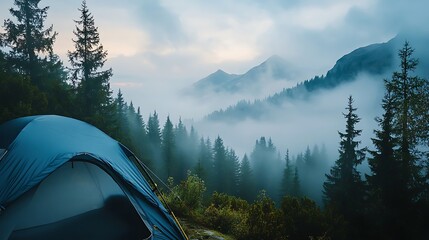 Misty mountain campsite with a tent overlooking a valley shrouded in fog at sunrise.