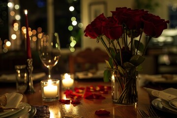 A romantic anniversary dinner with roses and candlelight, A beautifully arranged table adorned with candles and fresh roses, creating an elegant and romantic atmosphere.