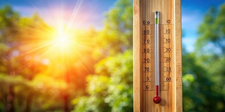 A wooden thermometer displays a high temperature reading against a blurred background of sunlit foliage and a bright blue sky.