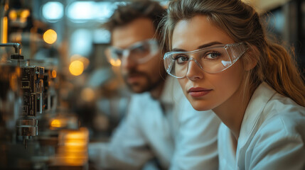 A focused scientist wearing safety goggles and gloves, working on cutting-edge technology in a modern laboratory.