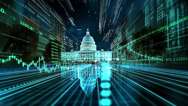 A panoramic view of the Capitol, overlaid with economic trendlines and currency symbols in blue and green, representing national economic policies.