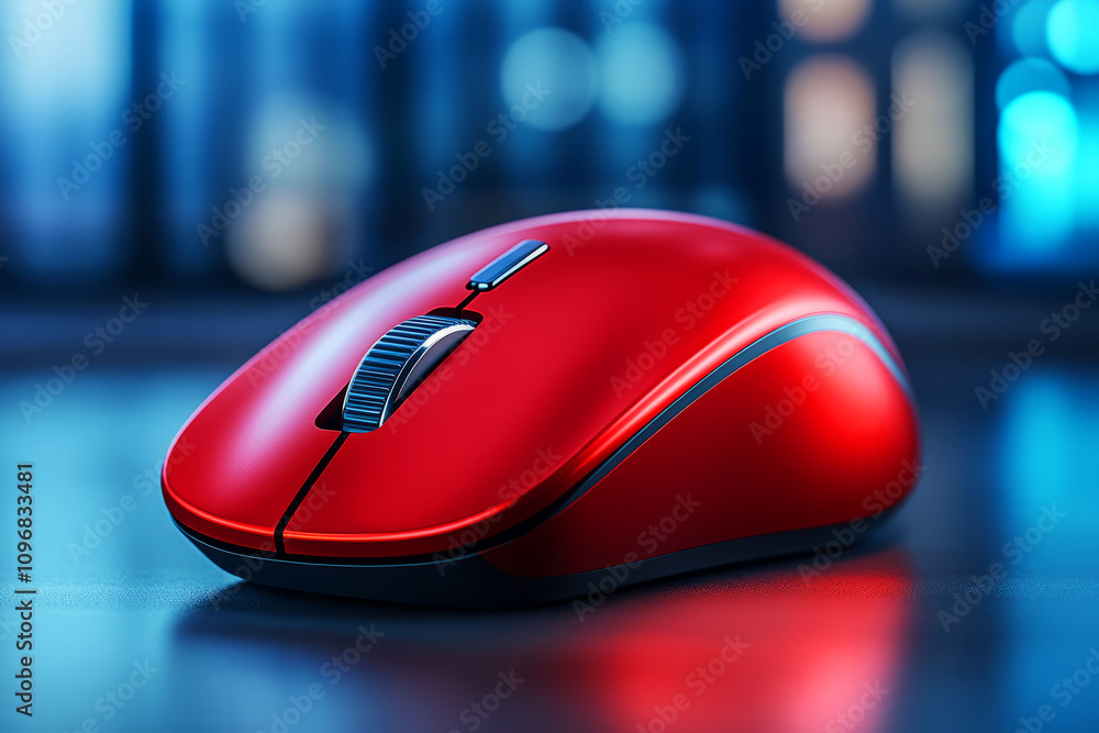 Poster elegant red computer mouse on a smooth surface with blurred background lighting