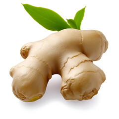 Fototapeta premium Fresh ginger root on a white background with green leaves showing its natural texture and shape