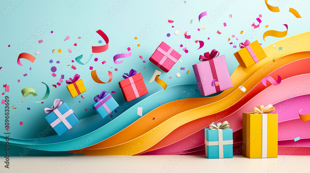 Poster vibrant gift boxes float along a colorful wave, with confetti and ribbons creating a cheerful atmosp