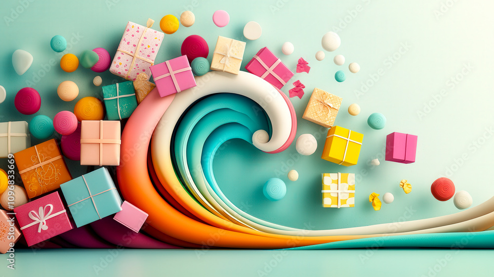 Poster A vibrant wave design features an array of colorful gifts and decorations, creating a playful and festive atmosphere