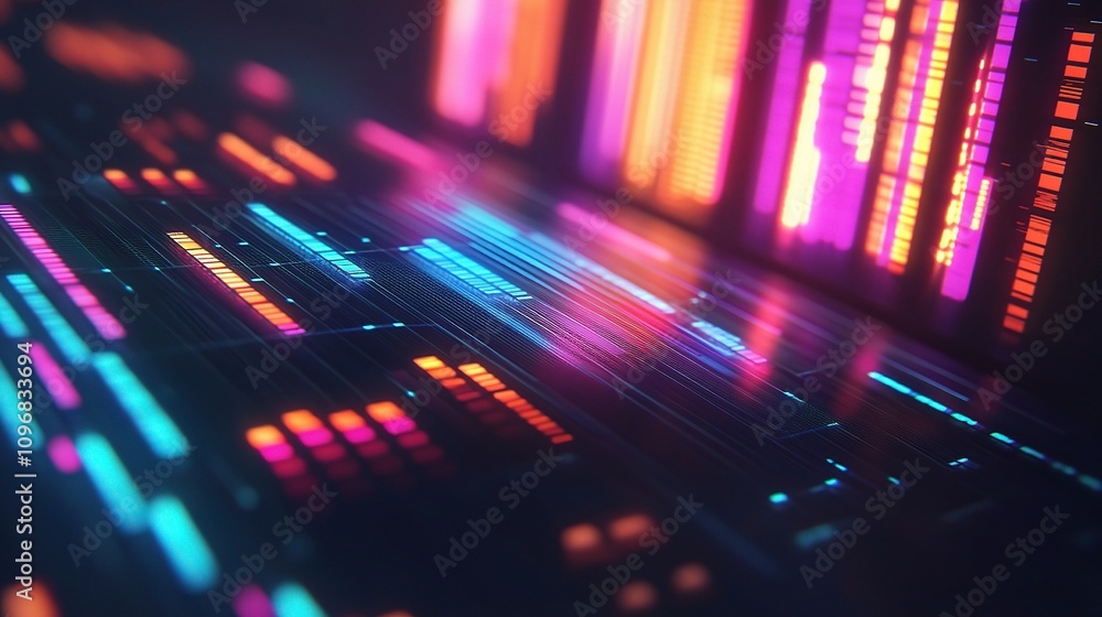 Poster futuristic digital interface with vibrant colors showcasing data representation and creative softwar