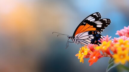 Obraz premium A colorfully patterned butterfly rests on brightly colored florets, showcasing the vibrant interplay of colors found in nature and the diversity of life.