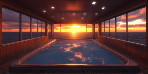 Luxurious indoor pool with panoramic windows offering a stunning ocean sunset view, creating a serene and relaxing ambiance.