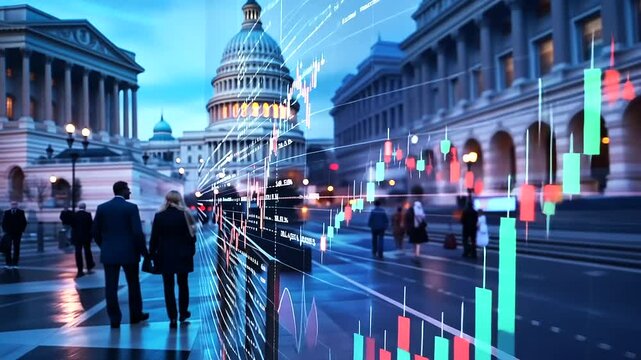 Capitol Building facade with a digital overlay of stock prices and economic forecasts, visualizing the relationship between government and Wall Street.