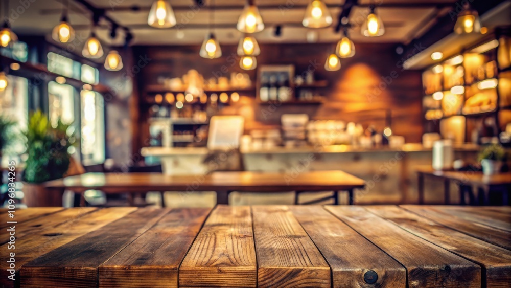 Aufkleber empty wooden table with a blurred background of a cozy cafe with warm lighting and rustic decor