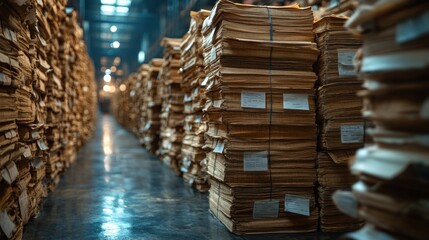 Fototapeta premium Stacks of aged documents in a warehouse, a sight of history and archiving