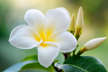 Fototapeta premium Beautiful Close-up of a Single White Plumeria Flower with Soft Yellow Center and Buds