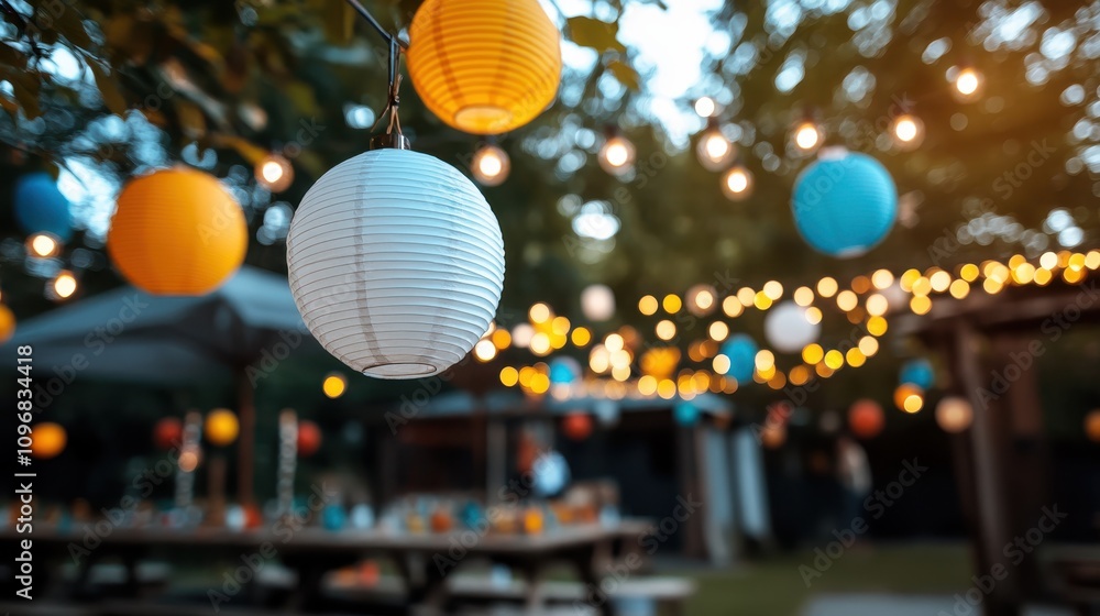 Poster a festive scene with colorful paper lanterns hanging above a picnic table setting at an outdoor gath