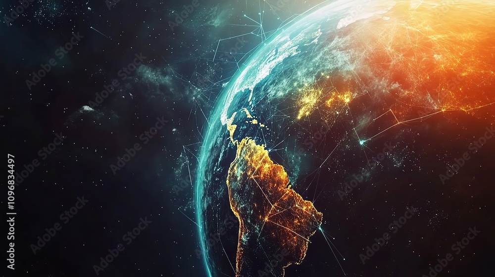 Poster stunning futuristic earth visualization featuring technology and vibrant structures in space, captur