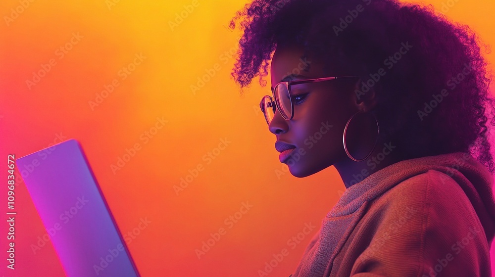 Poster young female programmer engaged in intense coding session on laptop with vibrant background colors h