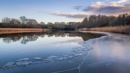 Obraz premium Thin ice forming along the edge of a calm pond