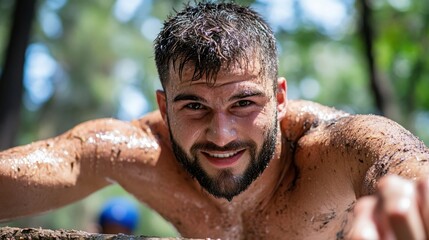 A muddy man with a vibrant smile is on the ground after tackling a challenge during an outdoor obstacle race, reflecting joy and accomplishment amidst nature.
